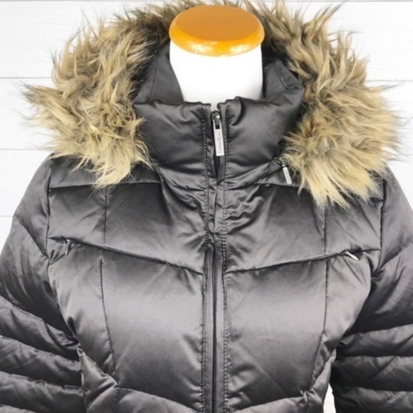 Calvin Klein Down Filled Quilted Puffer Jacket Hood Faux Fur Trim Brown PM - Picture 3 of 8